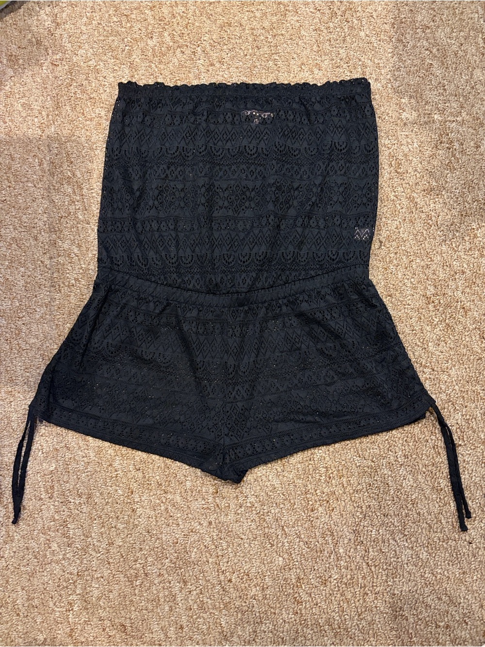 Victoria’s Secret Black strapless lace romper swim cover-up, cinch side ties.